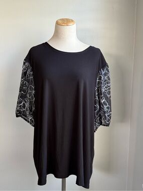 Tahari Black Top with Embroidered Puff Sleeves